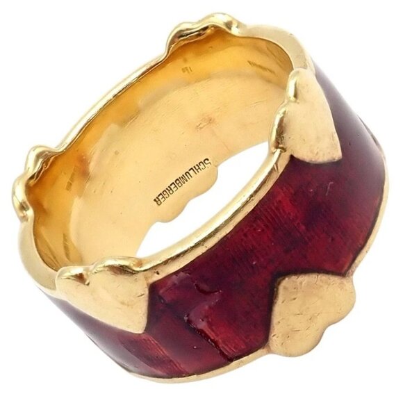 Tiffany & Co Schlumberger 18k Yellow Gold Red Enamel Heart Band Ring sz 6 - Picture 7 of 12